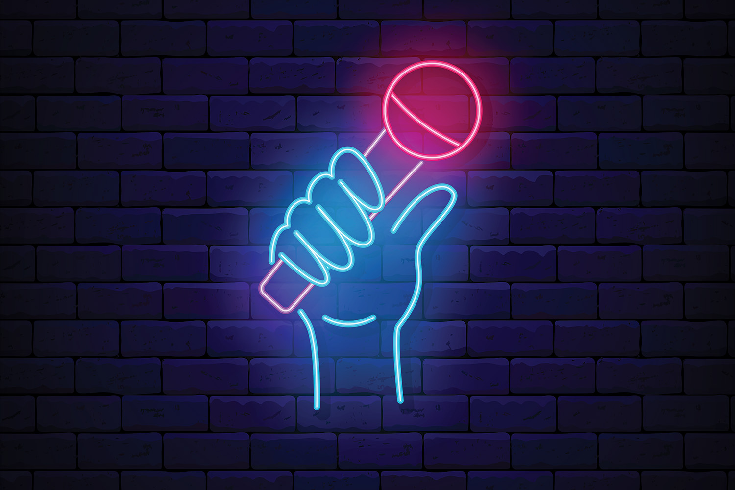 Neon sign of a hand holding a mic for open-mic night