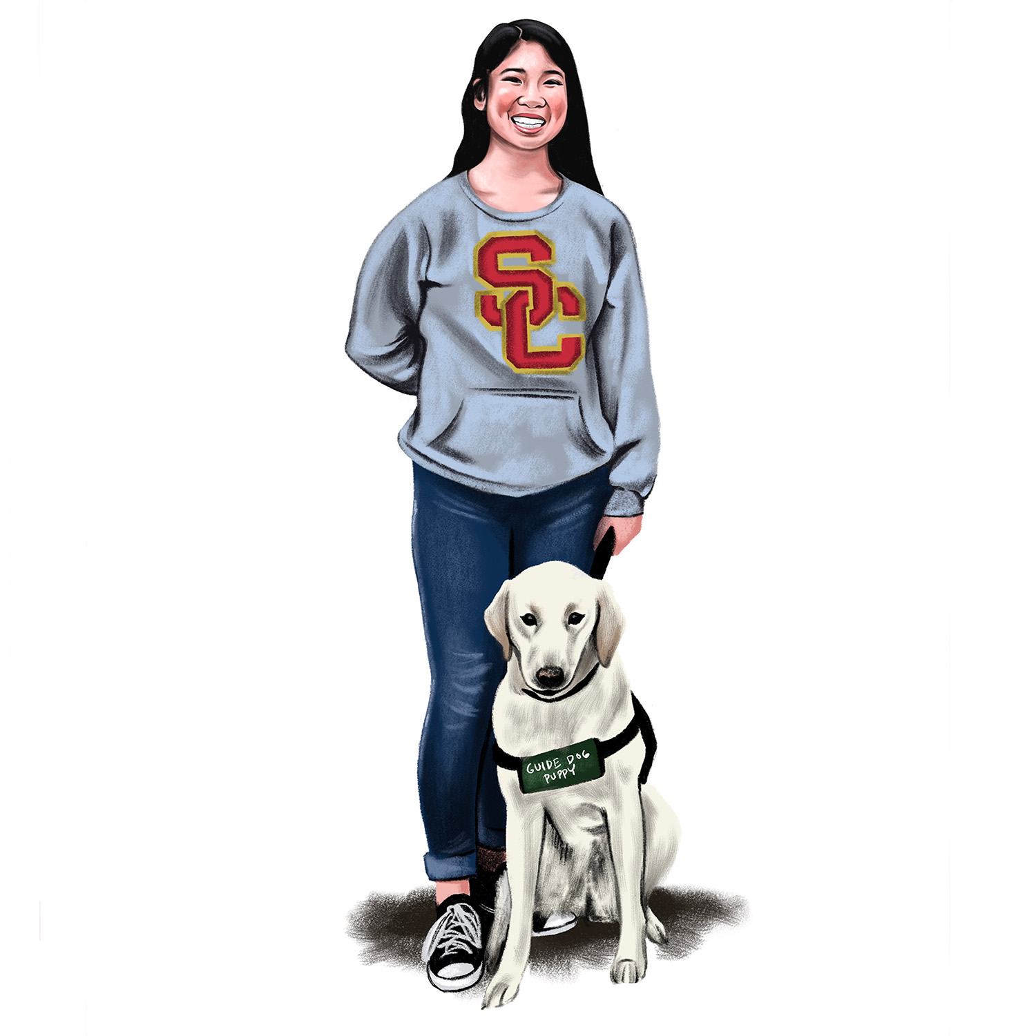 Illustration of Sarah Low and guide dog