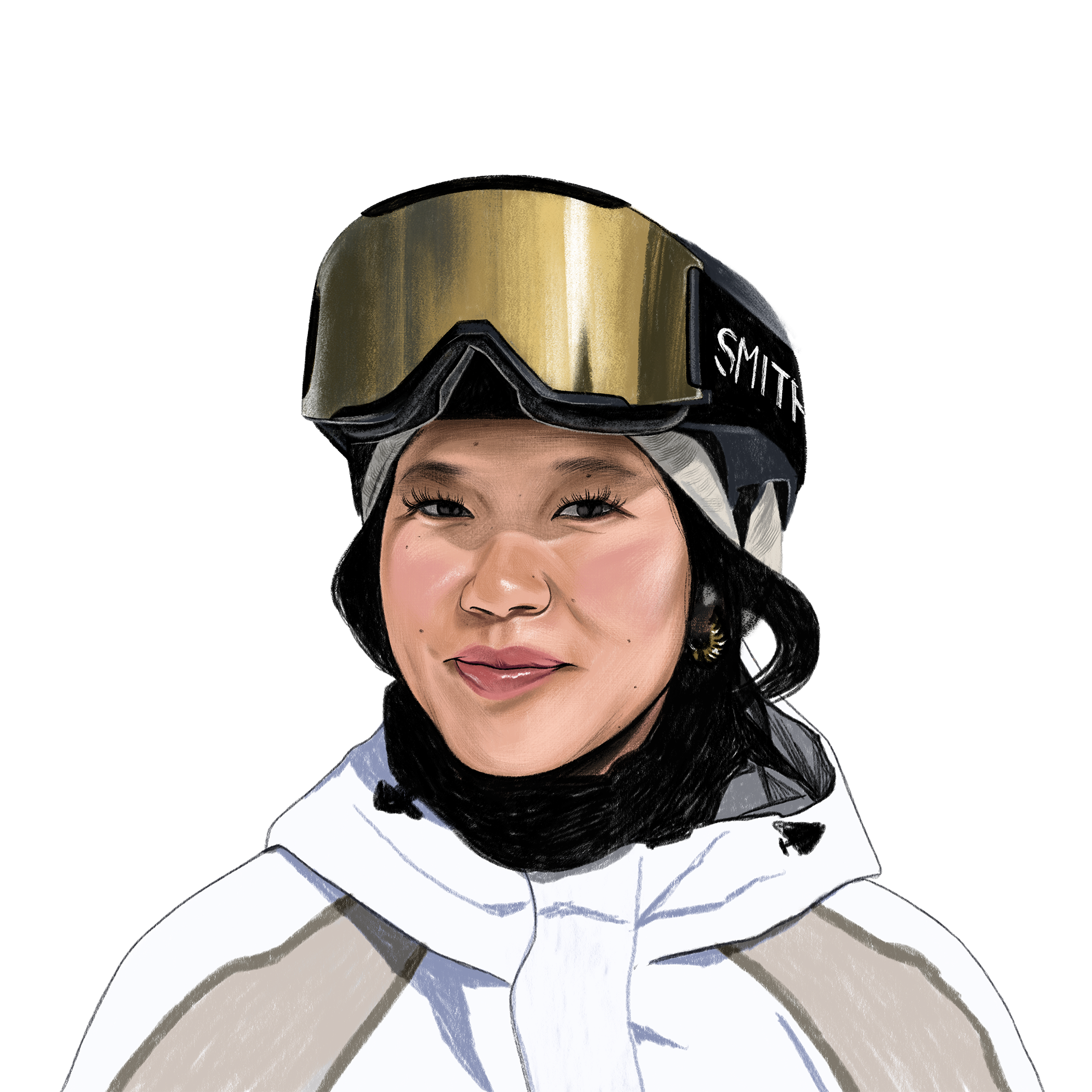 Illustration of Bea Kim with snowboarding goggles on and a white parka